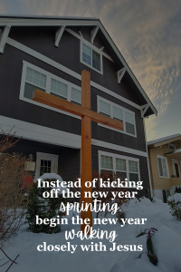 Dry January - Instead of kicking off the New Year sprinting, begin the New Year walking closely with Jesus. Photo of a sober living and recovery home with a cross in the front.